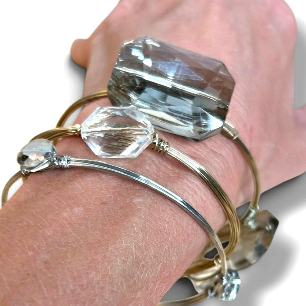 Lot 3 Wire Wrapped Bangle Bracelets Gold and Silver Tone Champagne Smoky Stack